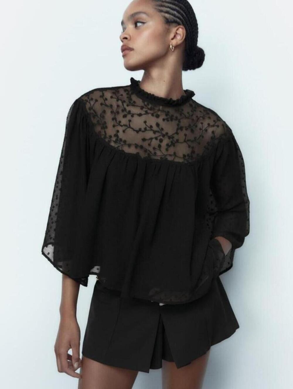 ZARA Black Embroidered Swiss Dot Cape Sleeve Blouse